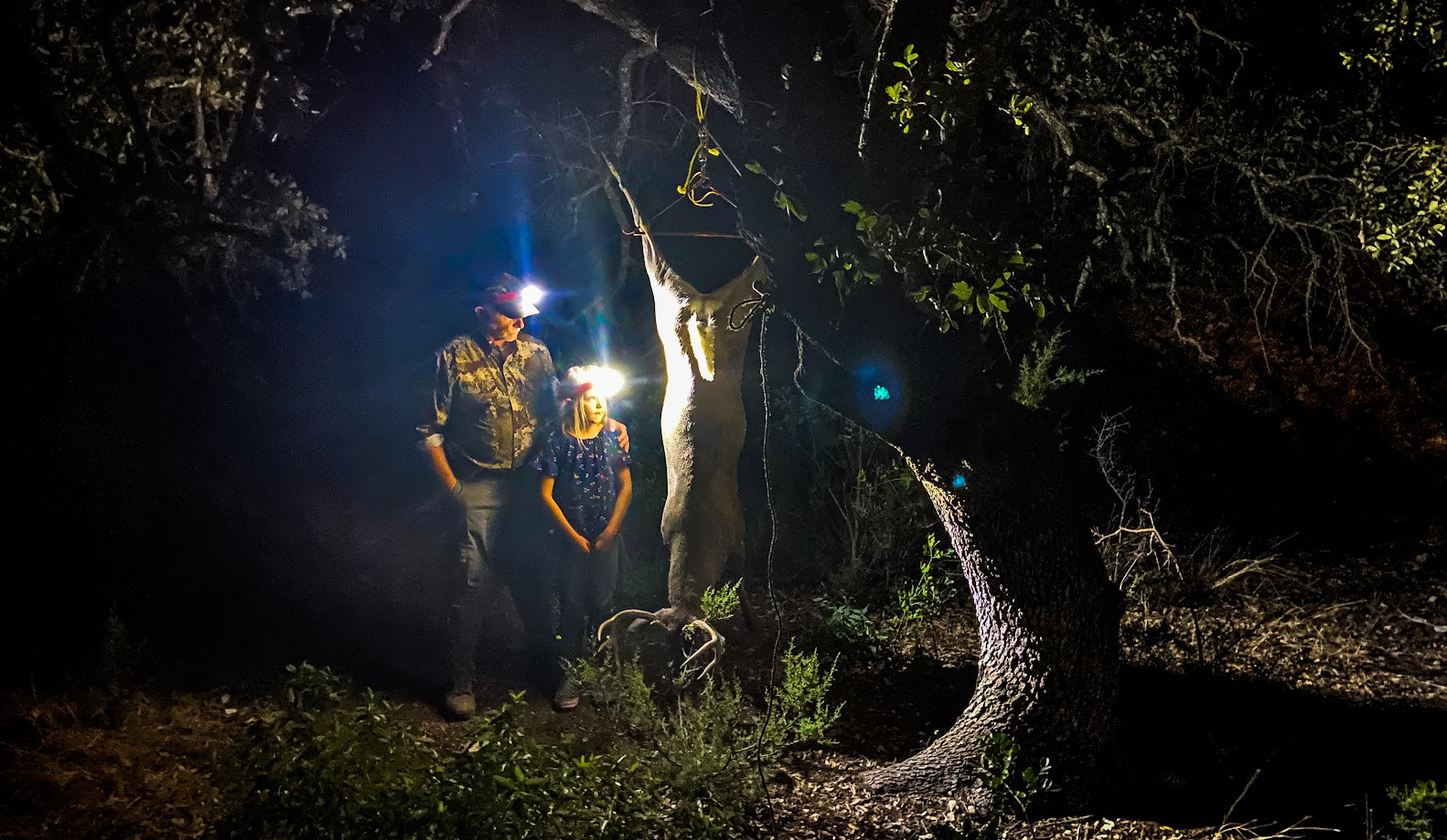 An adult and child wearing headlamps beside a harvested deer hanging from an oak tree at Double Draw Ranch